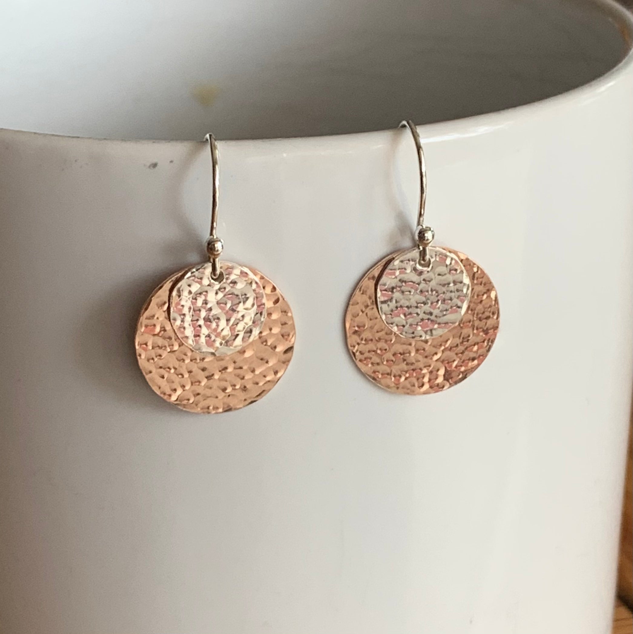 Hammered earrings mixed metal rose gold filled and sterling silver geometric