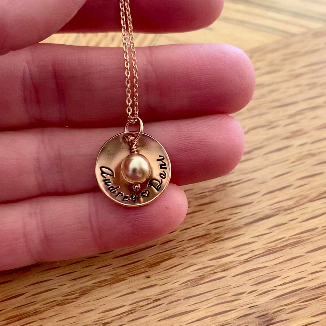 Rose gold filled personalized name necklace, cupped disc with pearl, mom necklace, girlfriend necklace