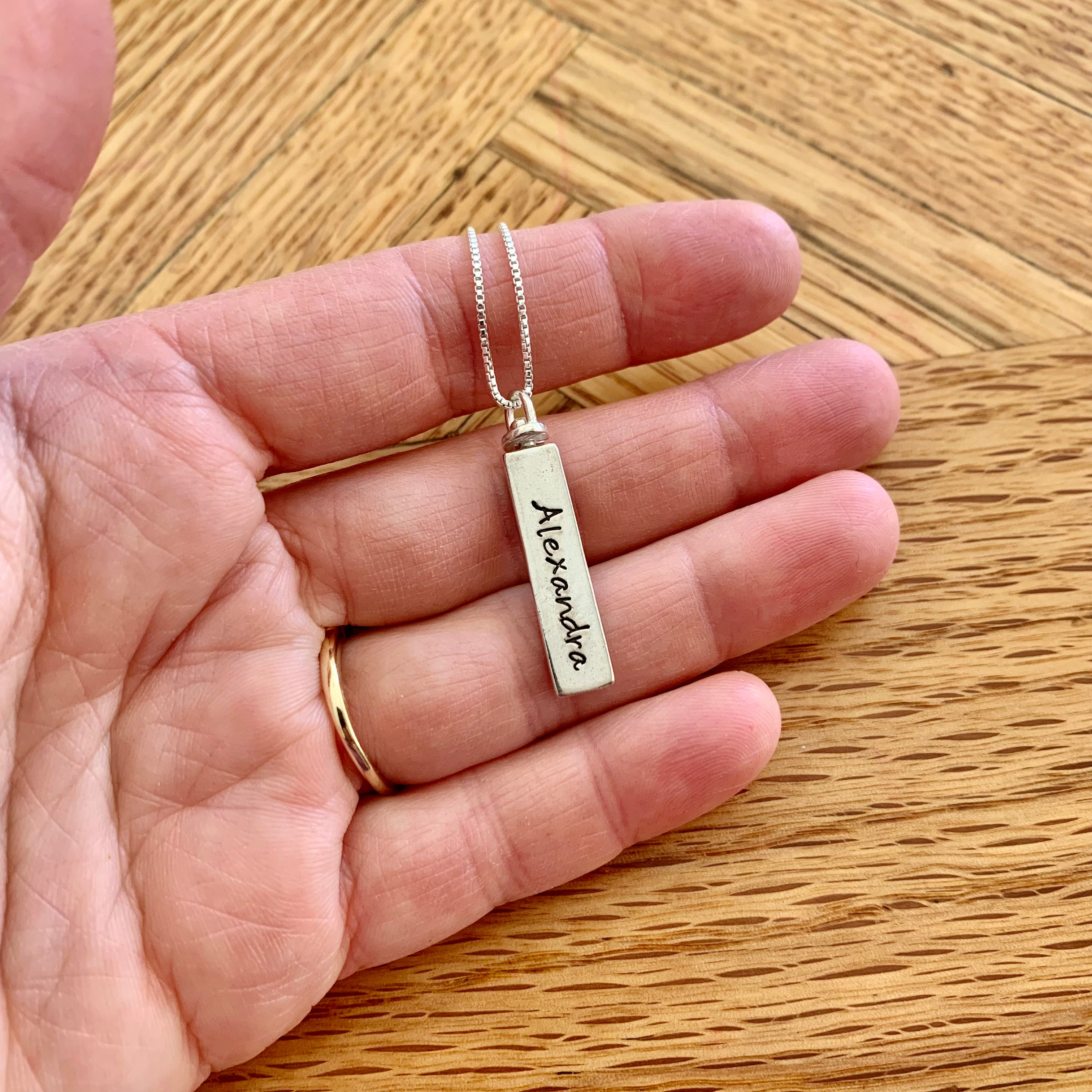 Double sided vertical bar necklace swivel pendant solid sterling silver, personalize front and back