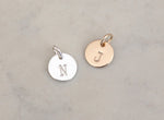 Load image into Gallery viewer, Small round initial charm - 3/8&quot; (9.5mm) 20 ga
