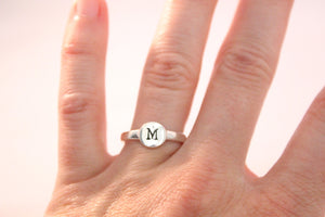 Sterling silver initial ring, personalized ring with round pad