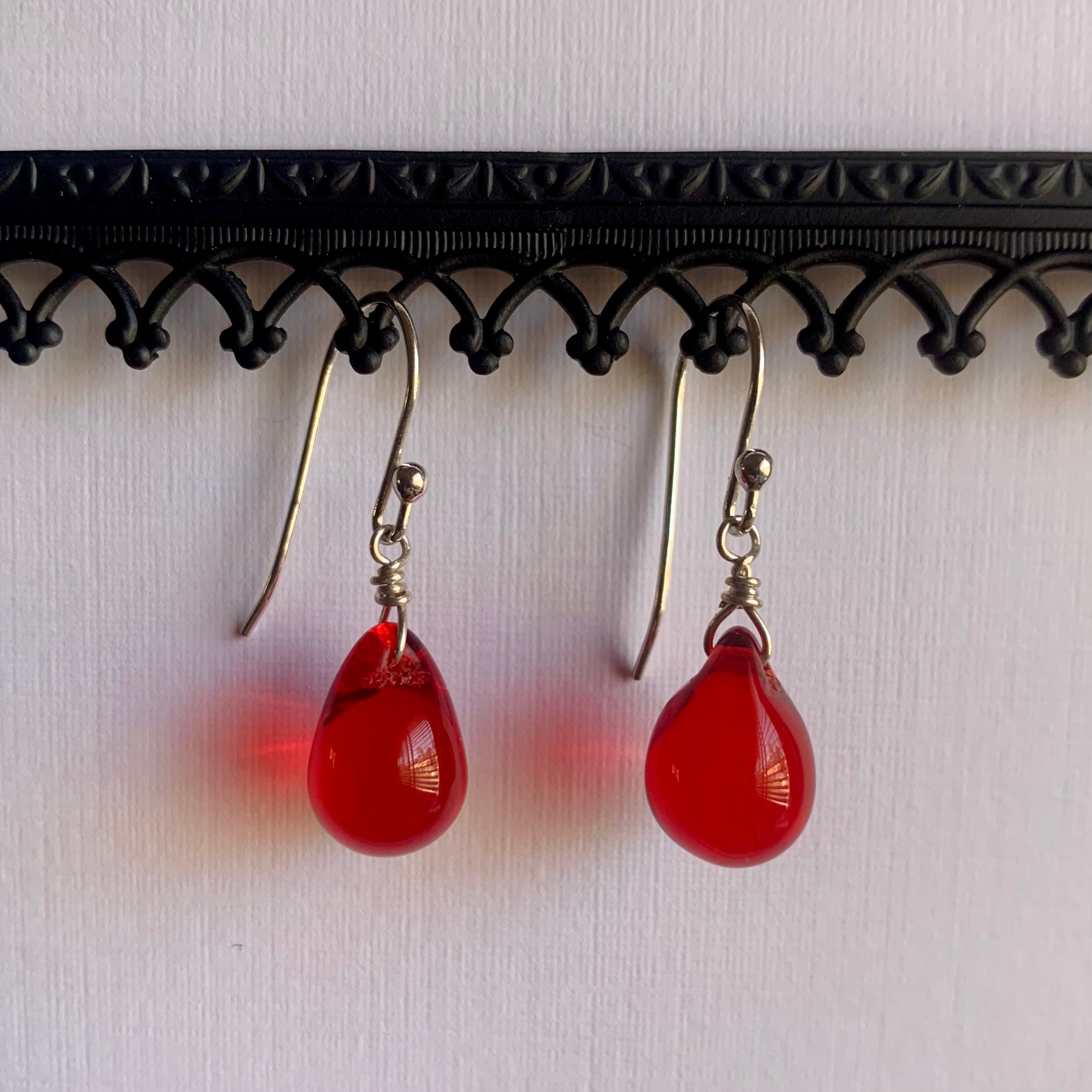 Red drop dangle earrings in sterling silver