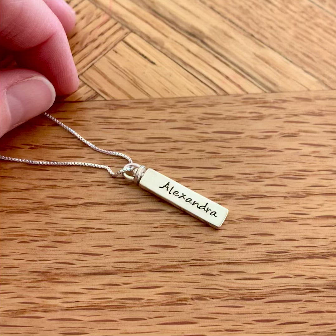 Double sided vertical bar necklace swivel pendant solid sterling silver, personalize front and back