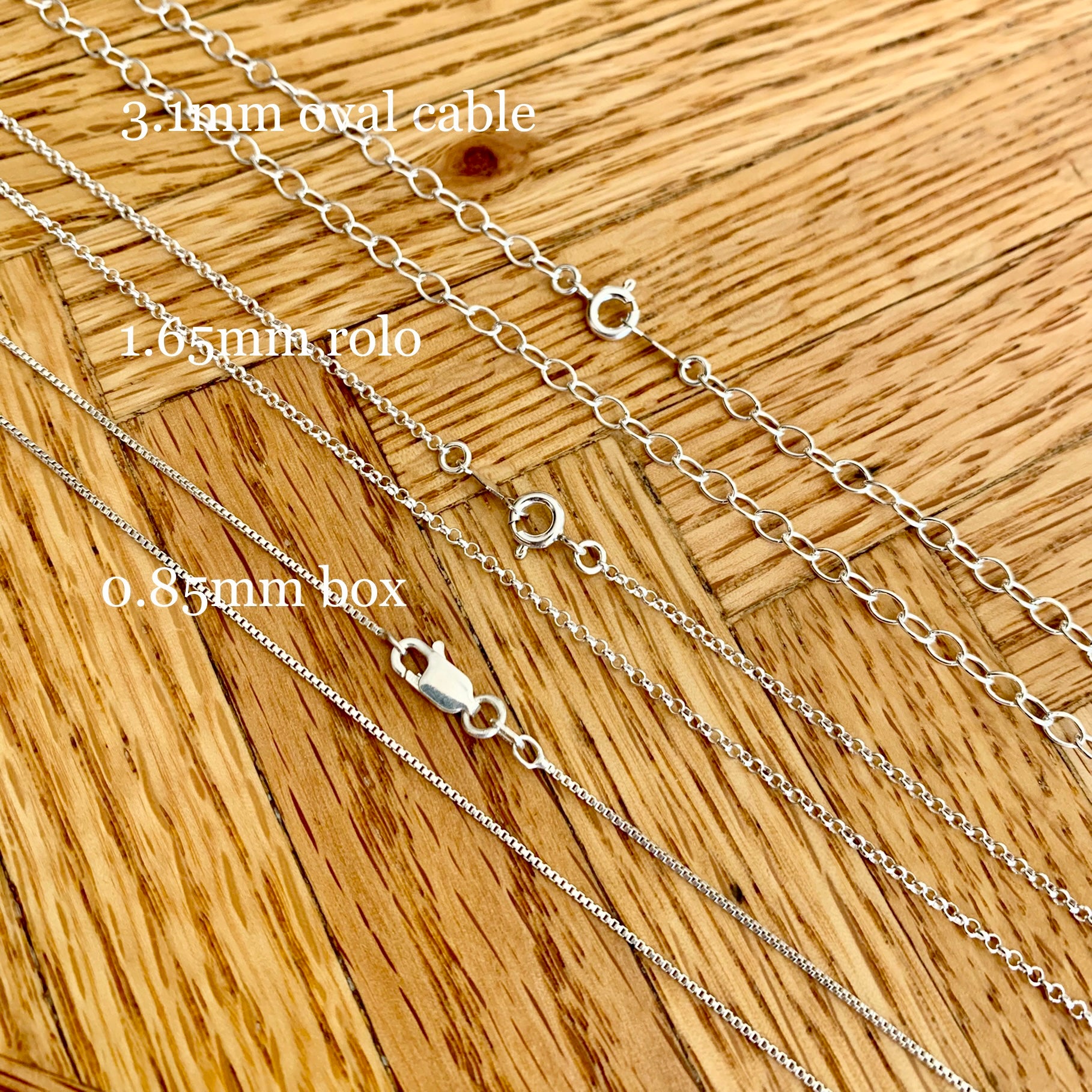 Sterling silver chain necklace - finished chain - box chain 0.85mm, rolo chain 1.65mm, cable chain 3.1mm