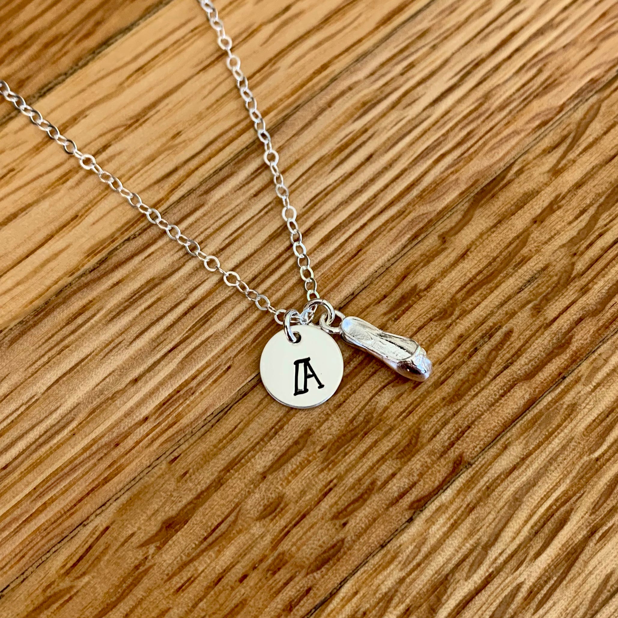 Ballet slipper and initial necklace in sterling silver