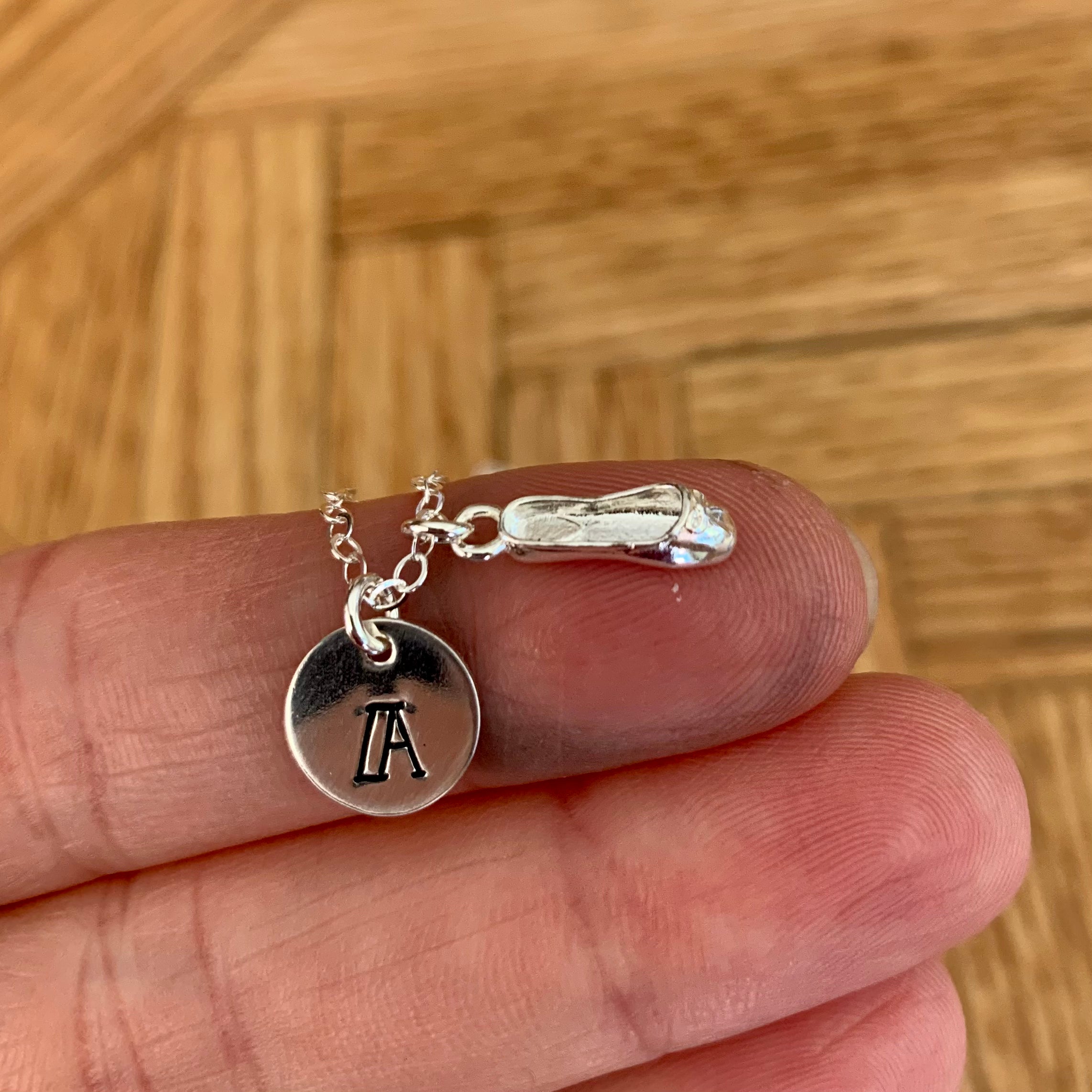 Ballet slipper and initial necklace in sterling silver