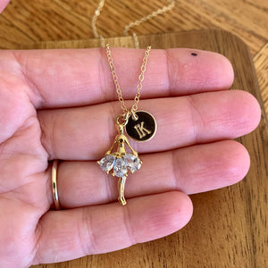 Standing Ballerina necklace with initial charm - gold