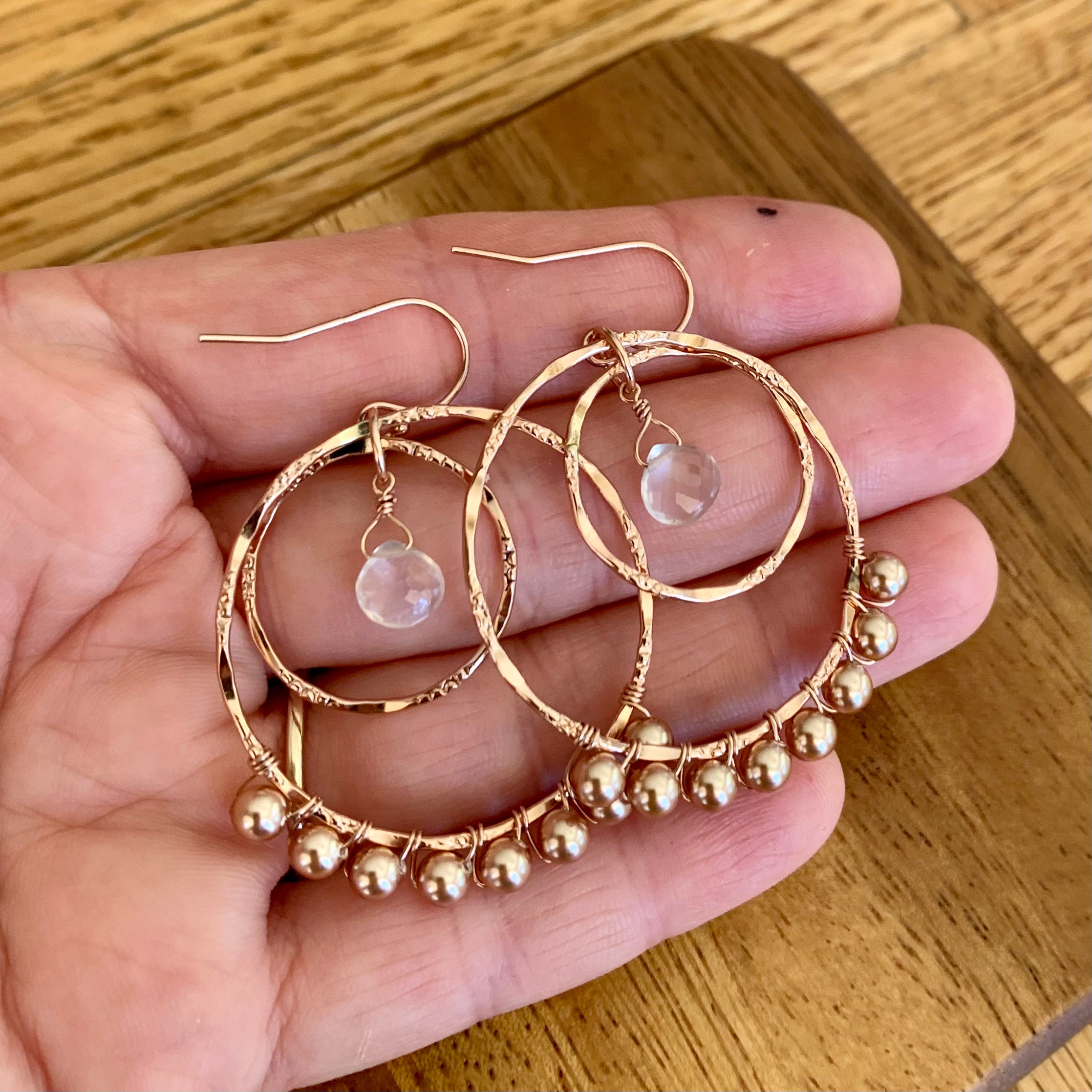 Double hoop rose gold filled moonstone and pearl earrings