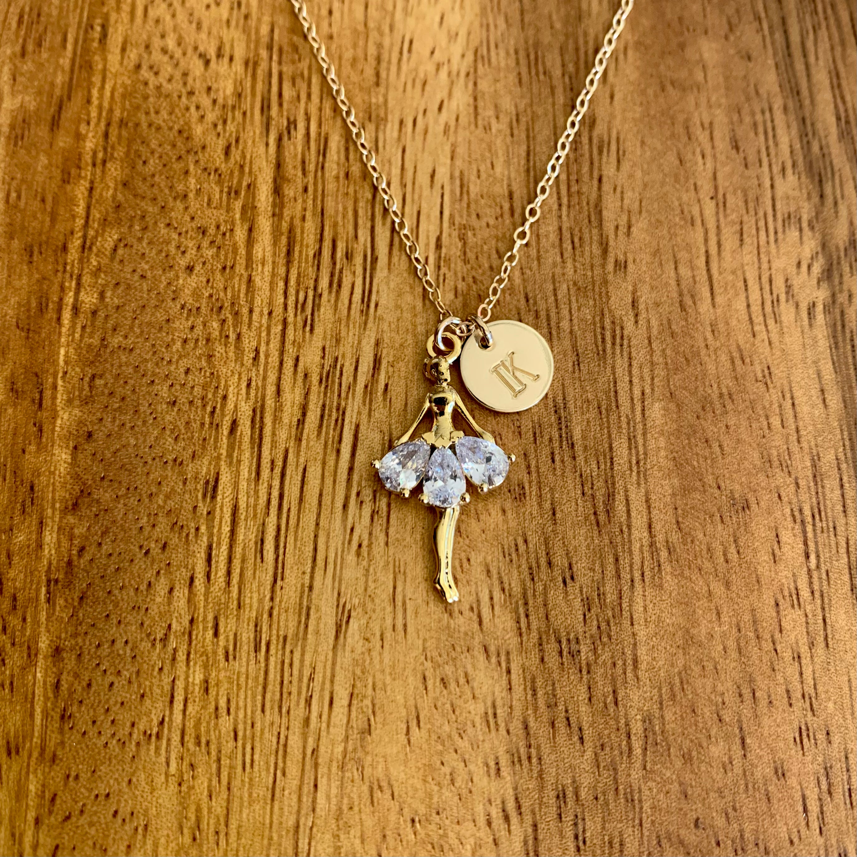 Standing Ballerina necklace with initial charm - gold